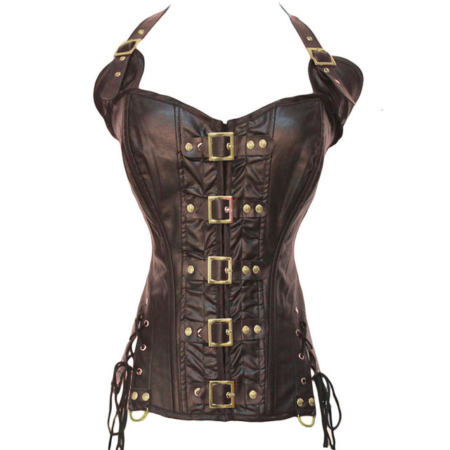 Women Vest Waist Cincher Corsets Faux Leather Bustier Steampunk Corset Boned Corselet Overbust Lace Up