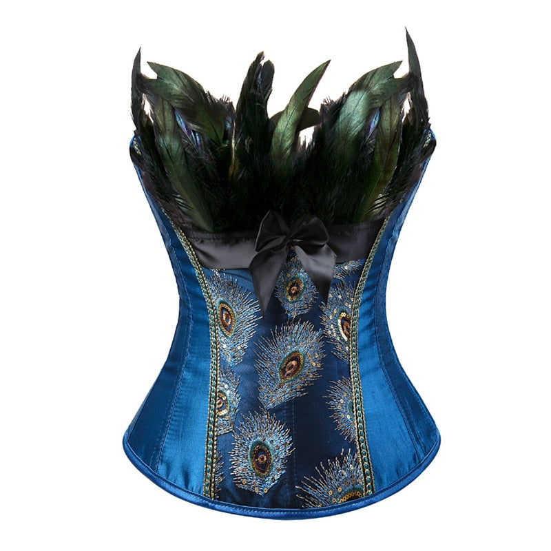 Peacock Feather Corset Lingerie Top Embroidery Overbust Shapewear
