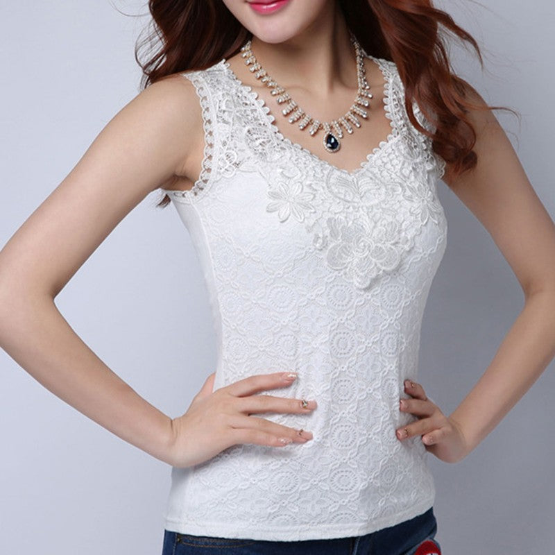 Summer Elegant Sleeveless White Black Crochet Lace Shirt