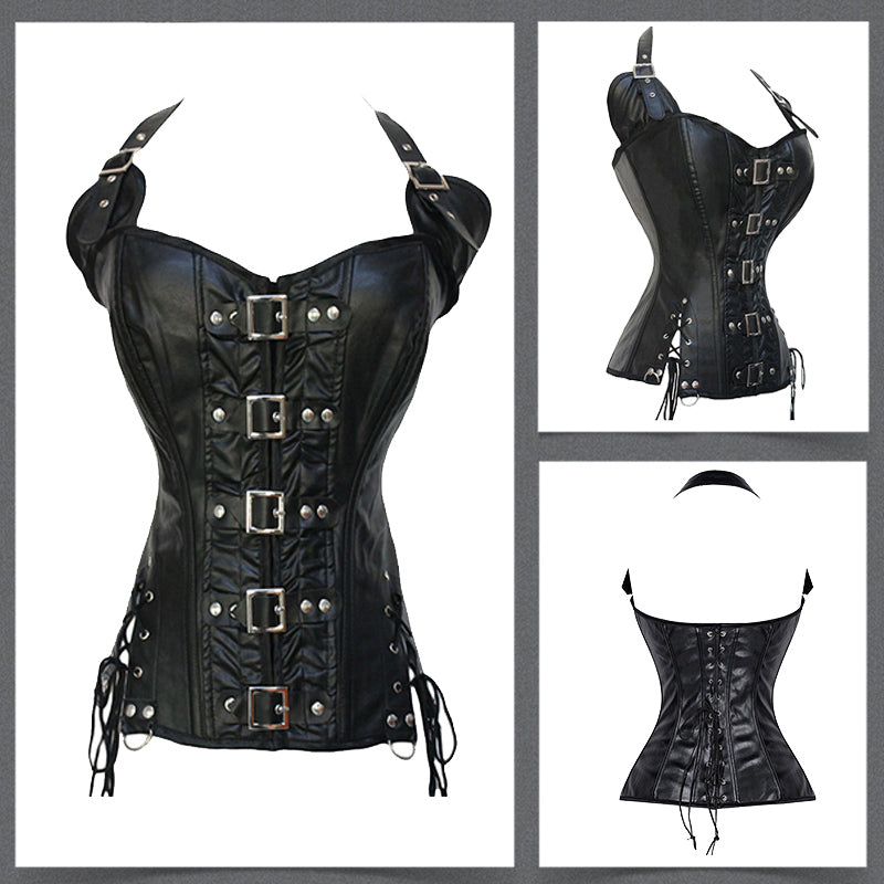 Women Vest Waist Cincher Corsets Faux Leather Bustier Steampunk Corset Boned Corselet Overbust Lace Up