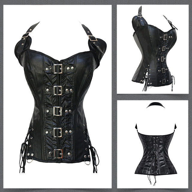 Women Vest Waist Cincher Corsets Faux Leather Bustier Steampunk Corset Boned Corselet Overbust Lace Up