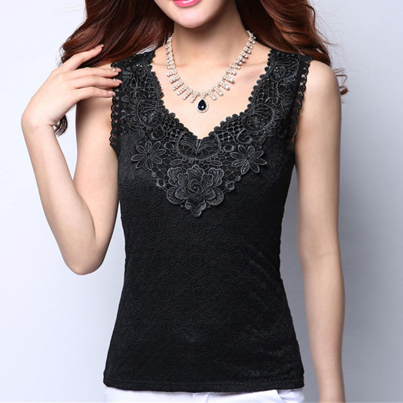 Summer Elegant Sleeveless White Black Crochet Lace Shirt