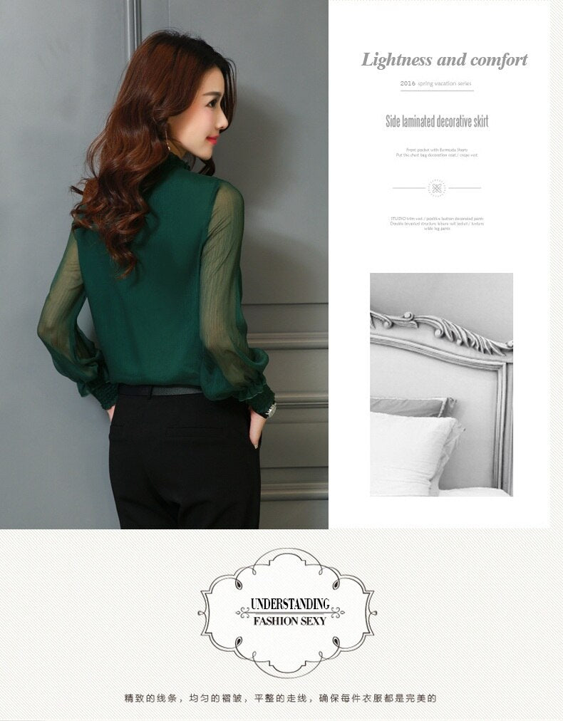 Spring Summer Elegant blouse women Korean Chiffon Shirt Long Sleeve Ruffled