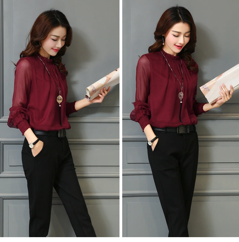 Spring Summer Elegant blouse women Korean Chiffon Shirt Long Sleeve Ruffled