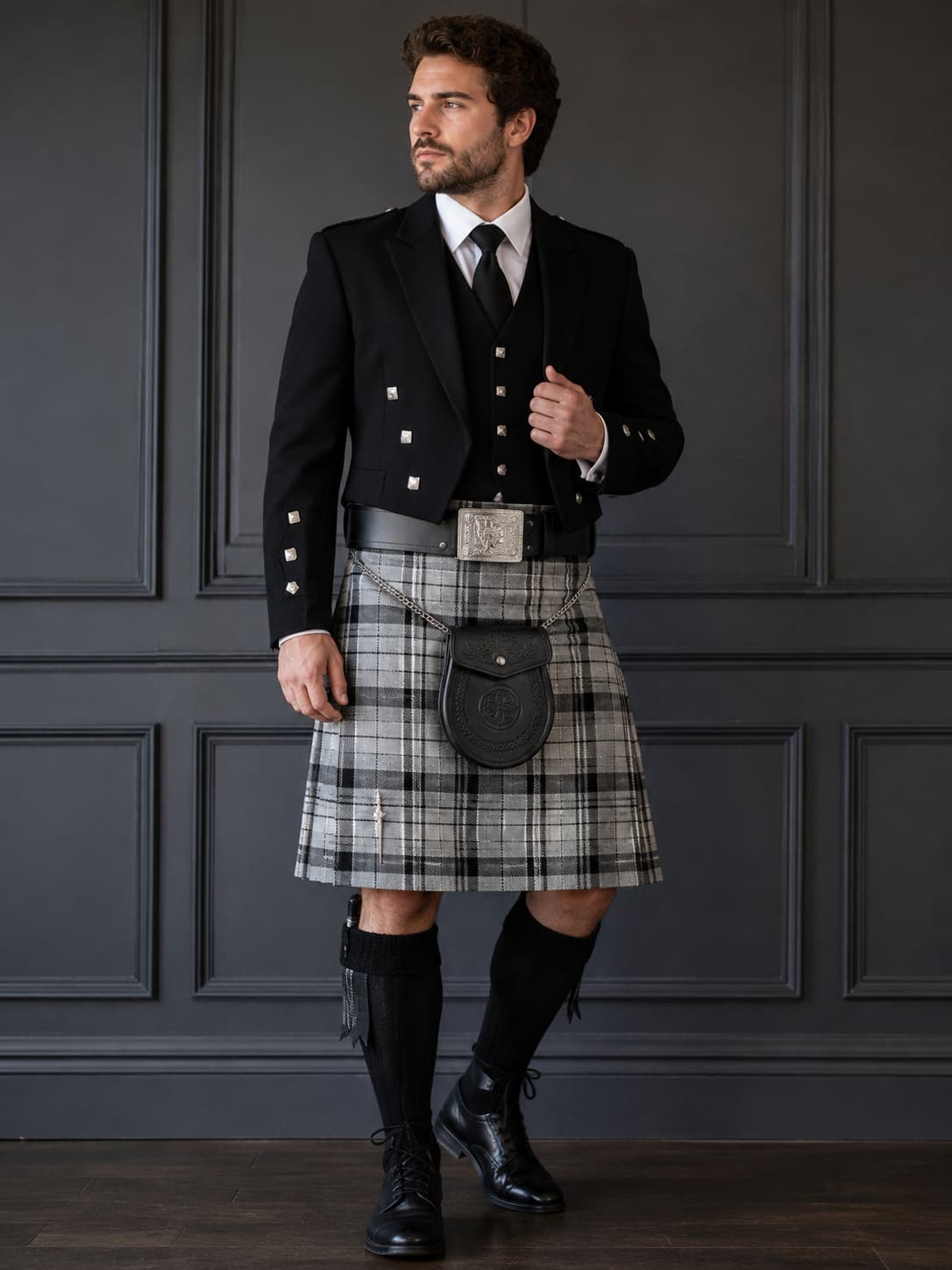 Hamilton Grey Modern Tartan Kilt 8 Yard Traditional Acrylic Wool Scottish Kilt