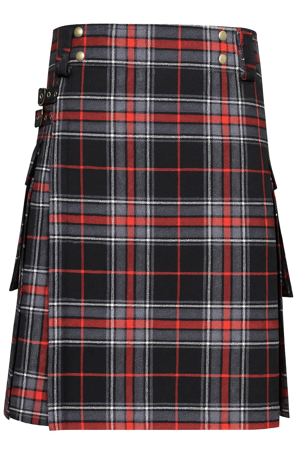Plaid kilt with black, red, and gray pattern on a white background