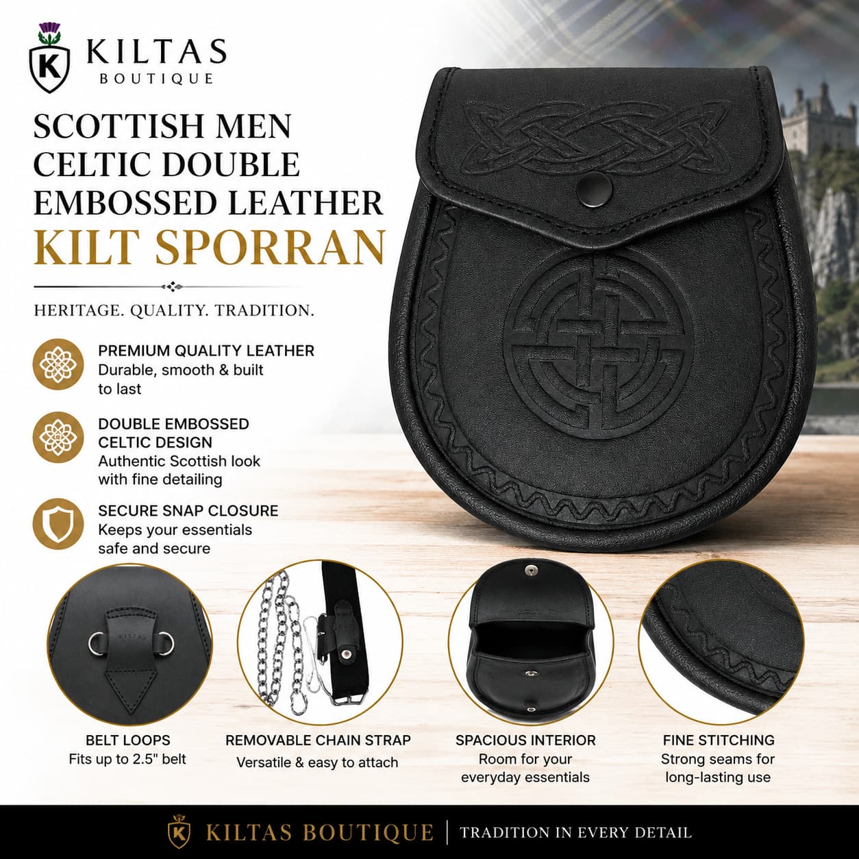 Scottish Men Celtic Double Embossed Leather Kilt Sporran Black Highland Dress Chain Strap