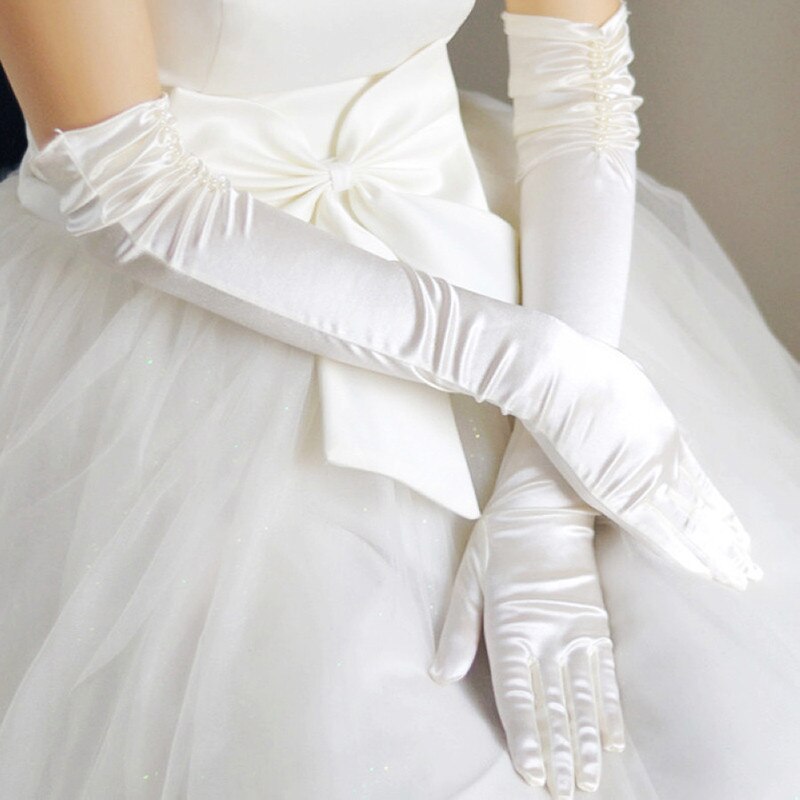 Bride Bridal Wedding Gloves Long Beaded Satin Elegant