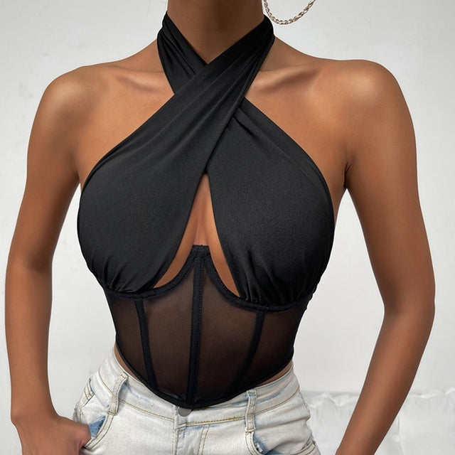 Cross Halter Corset Bustier Mesh Bone Tank Tops