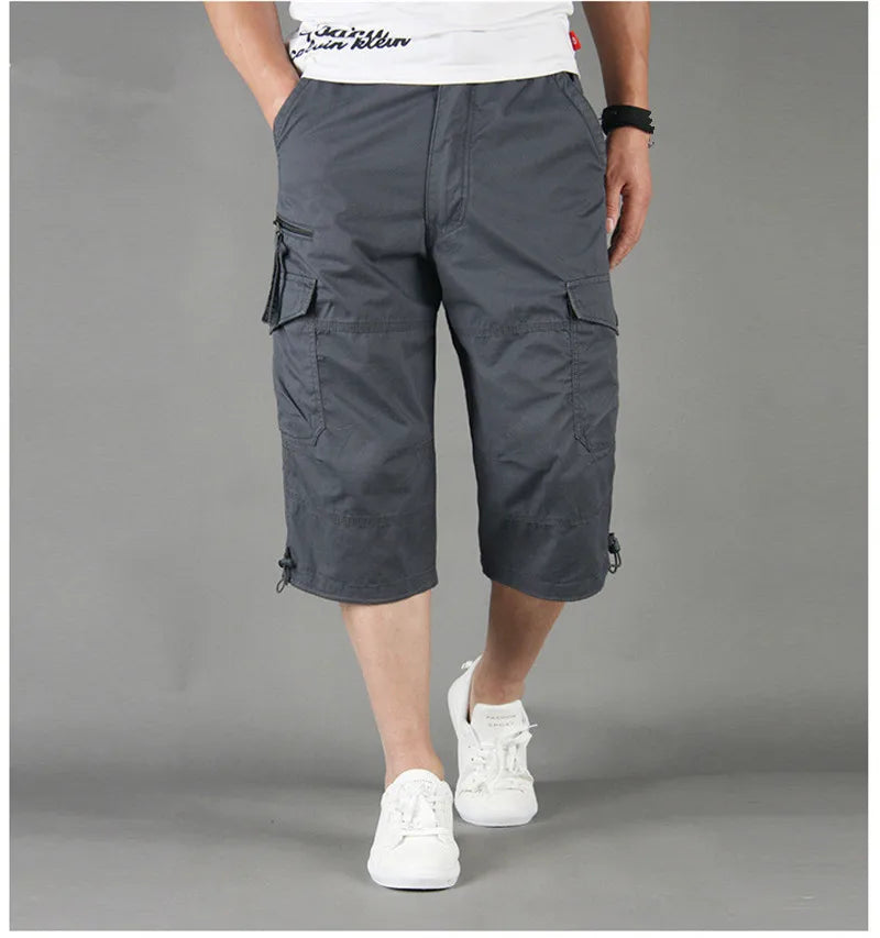 Long Length Cargo Shorts Men Summer Casual Cotton Multi Pockets Hot Breeches Cropped Trousers Military Camouflage Shorts