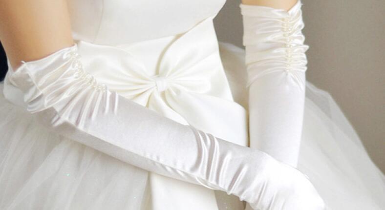 Bride Bridal Wedding Gloves Long Beaded Satin Elegant