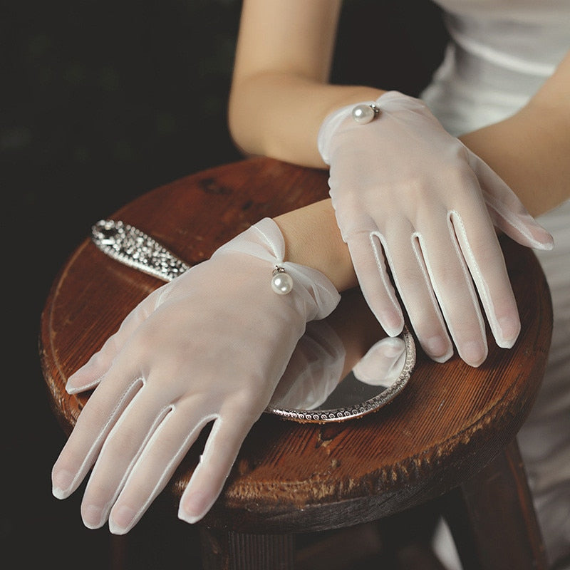 White Bride Dress Gloves Mesh Bow Pearl Short Lace Women Bridal Gloves