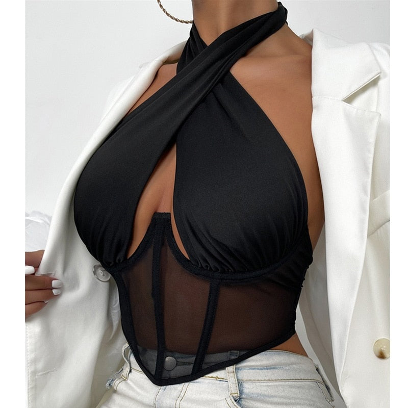 Cross Halter Corset Bustier Mesh Bone Tank Tops