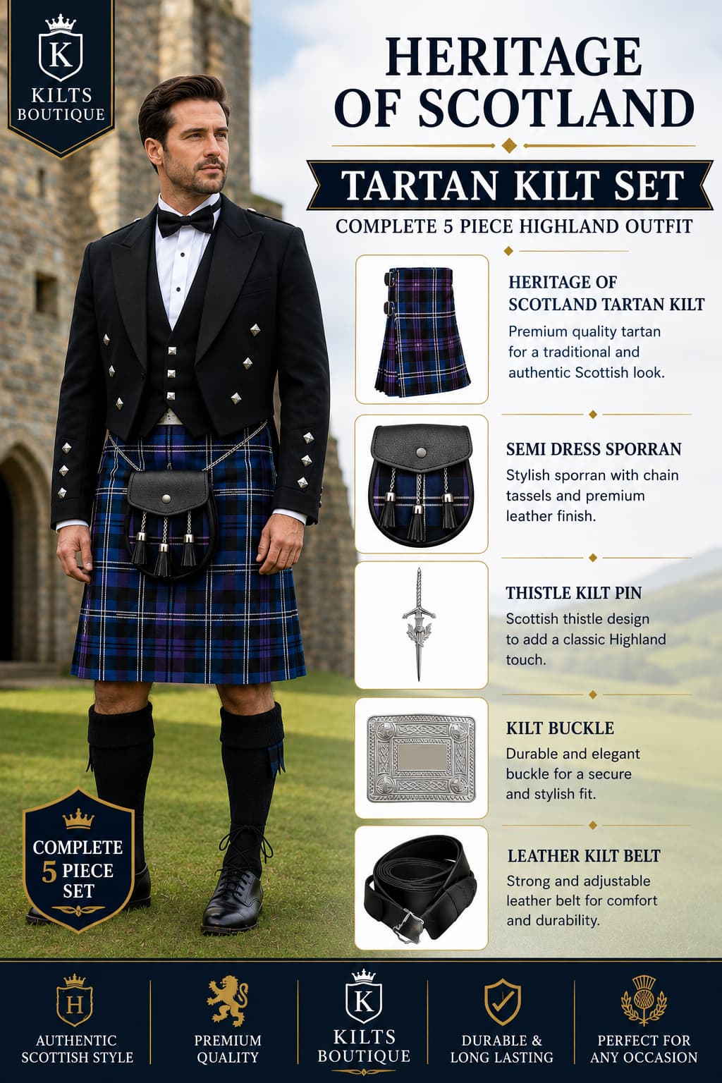 Heritage Of Scotland Tartan Kilt Set for Men, Scottish Highland Outfit with Sporran Belt Buckle & Kilt Pin
