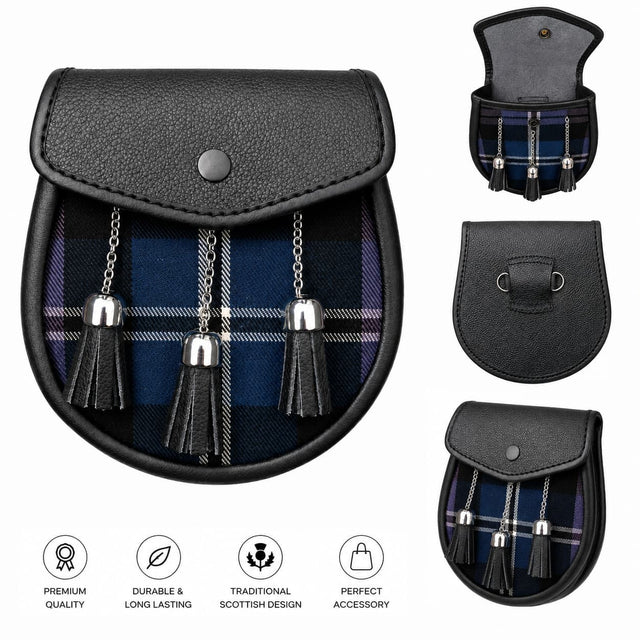 Heritage Of Scotland Tartan Semi Dress Sporran with Chain Belt, Black Leather Hybrid Scottish Kilt Sporran for Highland Wear