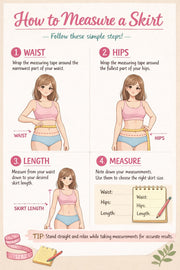 Infographic on how to measure a skirt with step-by-step instructions and illustrations.