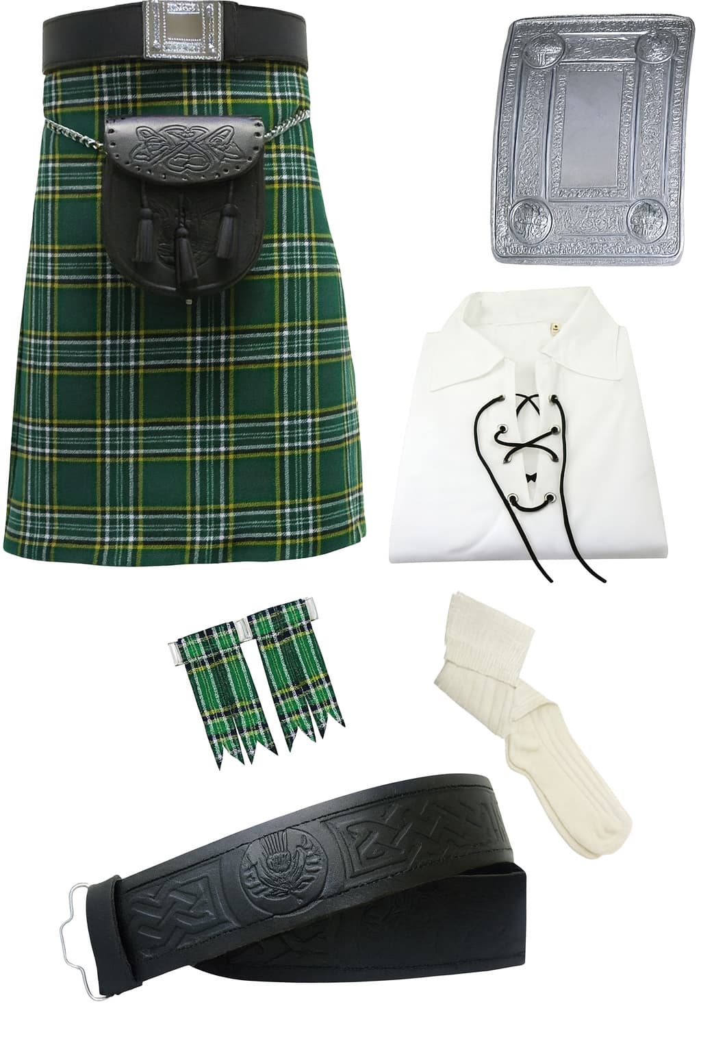 Irish Scottish Men's Highland Kilt Outfit Sporran Jacobite Shirt Flashes Belt Sock