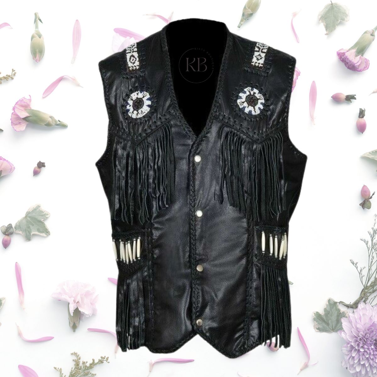 Men American Western Cowboy Vest Black Leather Fringe Beaded