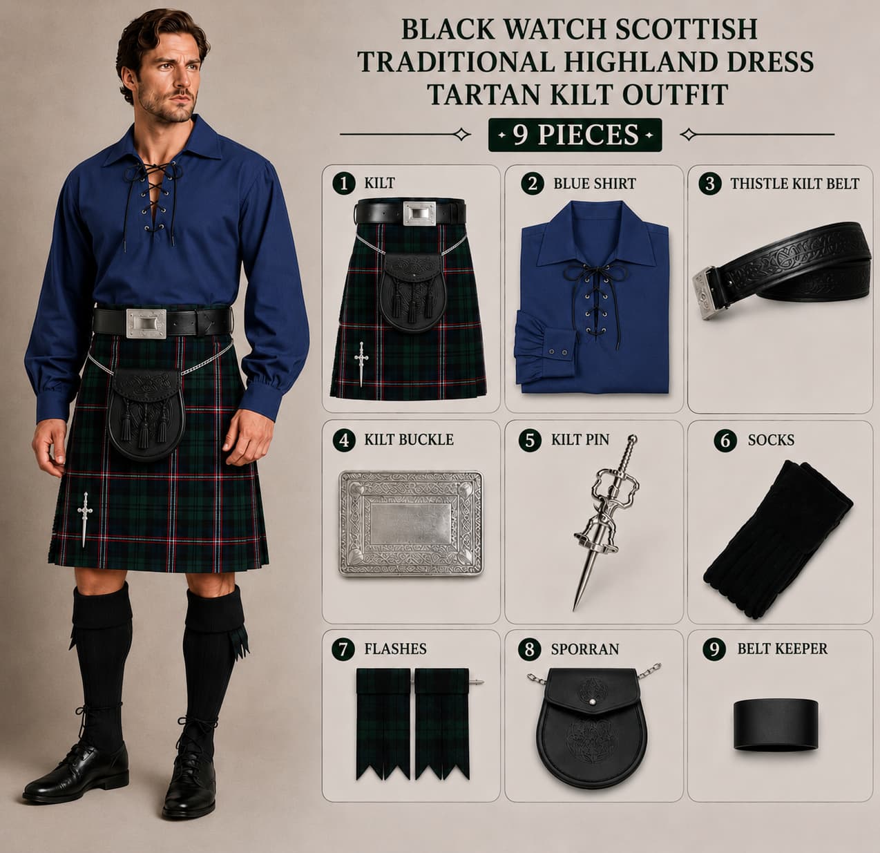 Black Watch Scottish Traditional Highland Dress Tartan Kilt Outfit – 9 Pieces