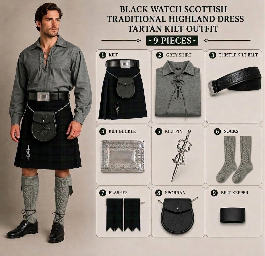 Black Watch Scottish Men's Traditional Highland Dress Tartan Kilt Outfit 9 Piece Set with Grey Jacobite Ghillie Shirt, Sporran & Belt