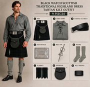 Black Watch Scottish Men's Traditional Highland Dress Tartan Kilt Outfit 9 Piece Set with Grey Jacobite Ghillie Shirt, Sporran & Belt