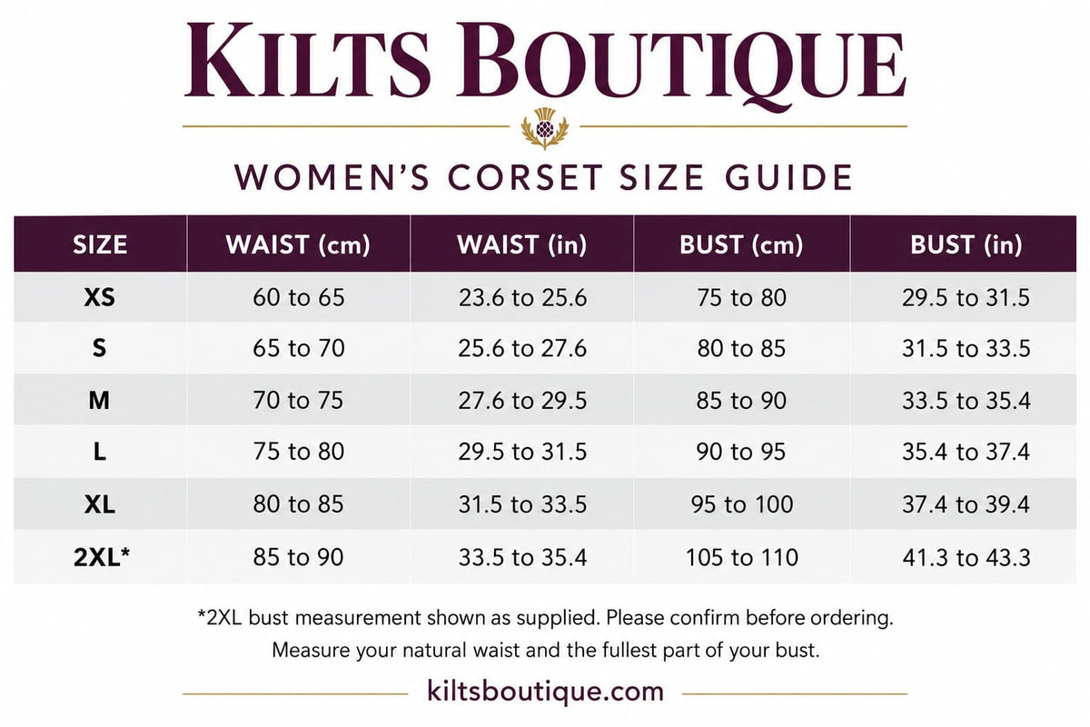 A size chart table for Kilts Boutique Women's Corset Set, showing waist and bust measurements in centimeters and inches for sizes XS through 2XL, with the Kilts Boutique branding at the top.