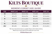 A size chart table for Kilts Boutique Women's Corset Set, showing waist and bust measurements in centimeters and inches for sizes XS through 2XL, with the Kilts Boutique branding at the top.