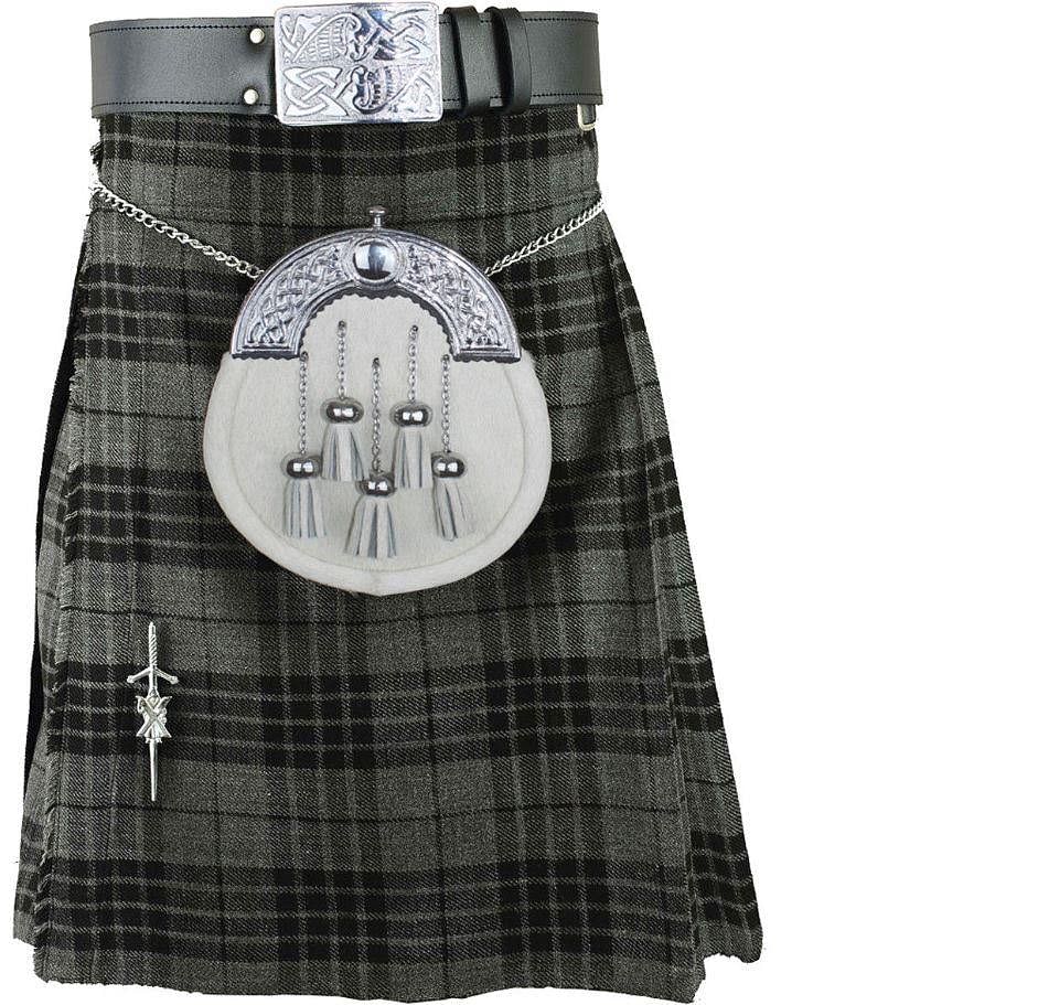 Grey Scottish Tartan Kilt Outfit for Men – Traditional Highland Kilt with White Rabbit Fur Sporran, Belt & Kilt Pin