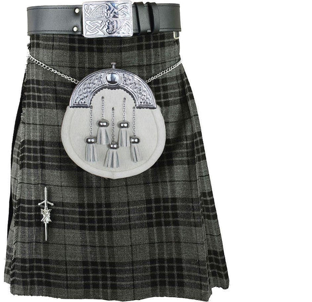 Grey Scottish Tartan Kilt Outfit for Men – Traditional Highland Kilt with White Rabbit Fur Sporran, Belt & Kilt Pin