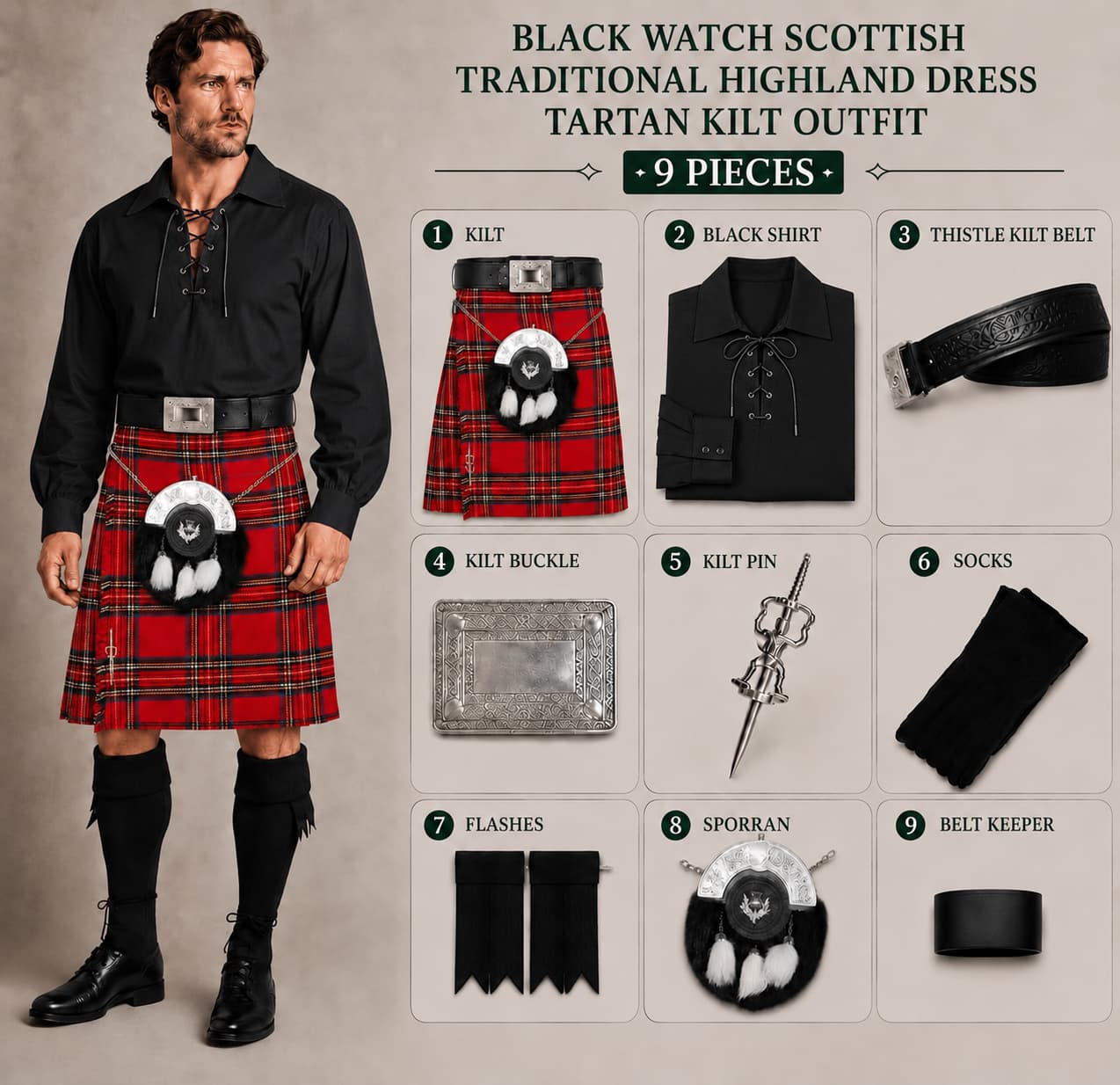 Black Watch Scottish Traditional Highland Dress Tartan Kilt Outfit – 9 Piece Complete Kilt Set with Black Shirt, Sporran & Accessories