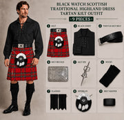 Black Watch Scottish Traditional Highland Dress Tartan Kilt Outfit – 9 Piece Complete Kilt Set with Black Shirt, Sporran & Accessories