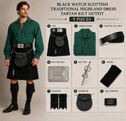 Black Watch Scottish Men's Traditional Highland Dress Tartan Kilt Outfit 9 Piece Set with Green Jacobite Ghillie Shirt, Sporran & Belt