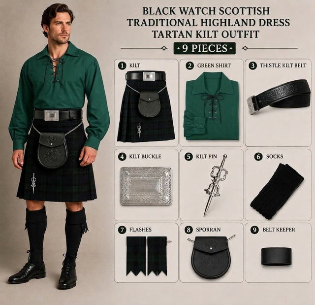 Black Watch Scottish Men's Traditional Highland Dress Tartan Kilt Outfit 9 Piece Set with Green Jacobite Ghillie Shirt, Sporran & Belt