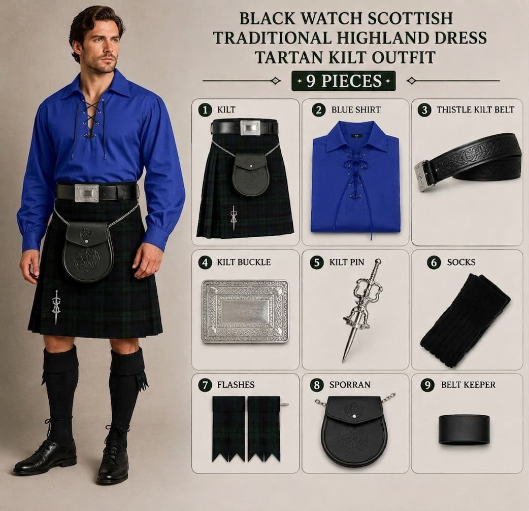Black Watch Scottish Men's Traditional Highland Dress Tartan Kilt Outfit 9 Piece Set with Blue Jacobite Ghillie Shirt, Sporran & Belt