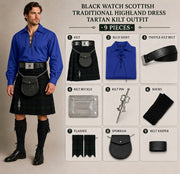 Black Watch Scottish Men's Traditional Highland Dress Tartan Kilt Outfit 9 Piece Set | Blue Jacobite Ghillie Shirt, Sporran & Belt