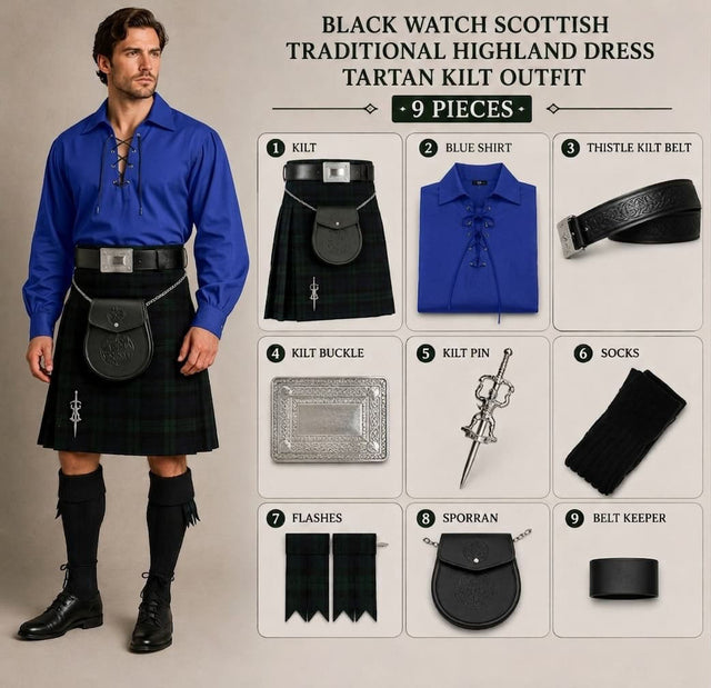 Black Watch Scottish Men's Traditional Highland Dress Tartan Kilt Outfit 9 Piece Set with Blue Jacobite Ghillie Shirt, Sporran & Belt