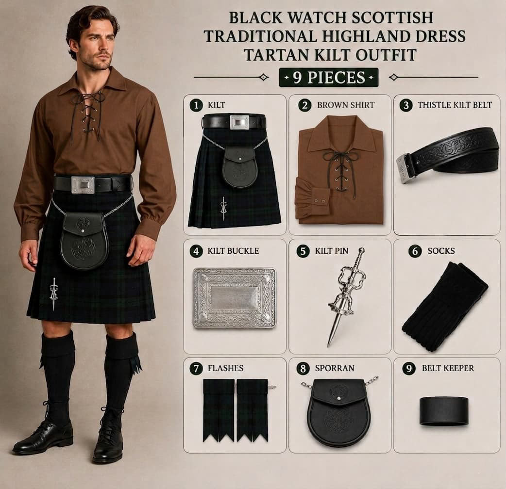 Black Watch Scottish Men's Traditional Highland Dress Tartan Kilt Outfit 9 Piece Set with Brown Jacobite Ghillie Shirt, Sporran & Belt