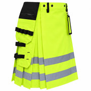 Neon Green Hi-Vis Utility Work Kilt for Men | Reflective Safety Tape Workwear Kilt with Cargo Pockets