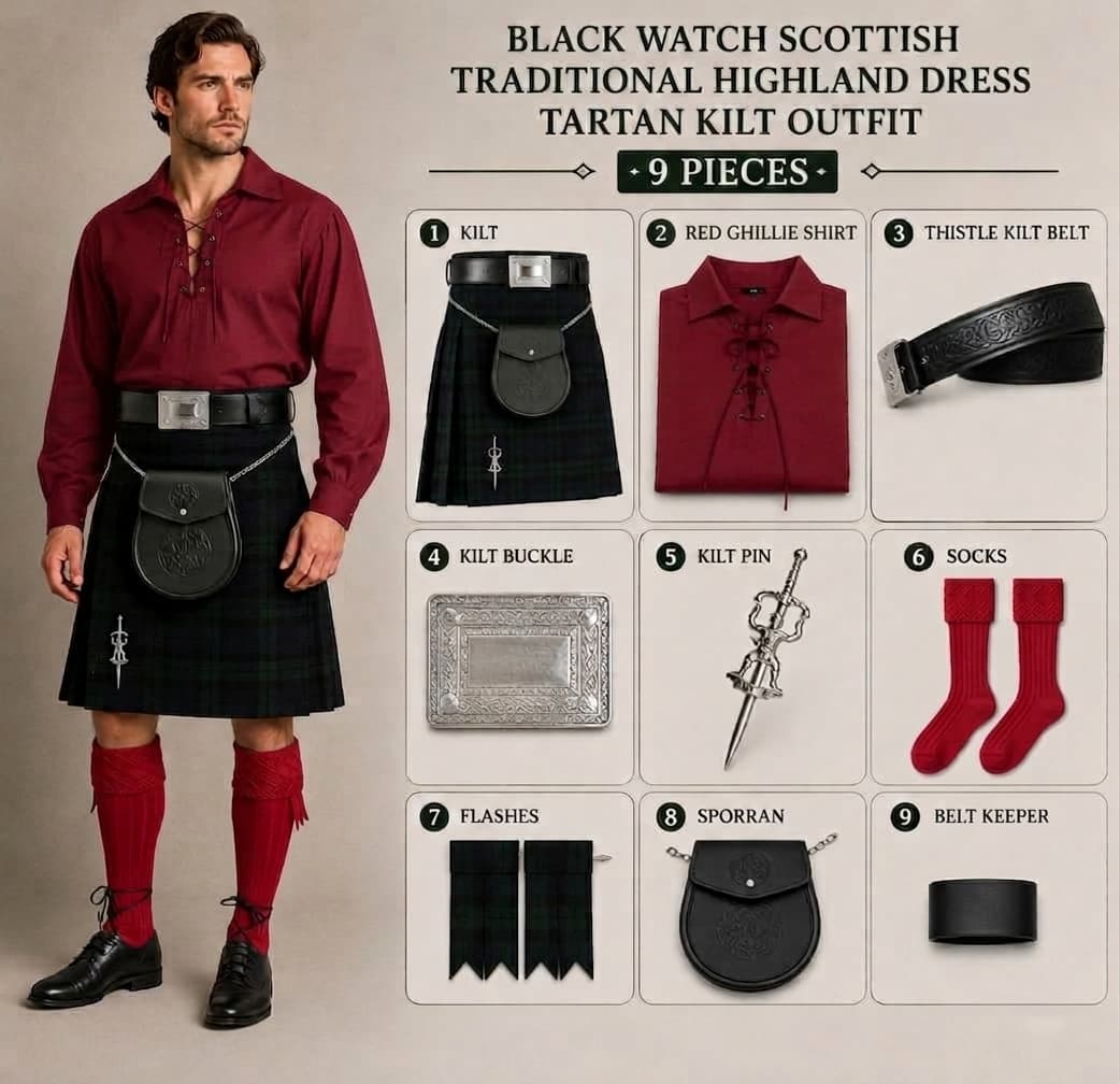 Men’s Scottish Kilt Outfit Set 9 in 1 – Traditional Highland Tartan Kilt, Sporran, Belt & Accessories (UK Stock)