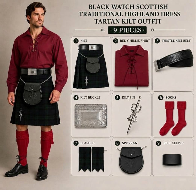 Men’s Scottish Kilt Outfit Set 9 in 1 – Traditional Highland Tartan Kilt, Sporran, Belt & Accessories (UK Stock)