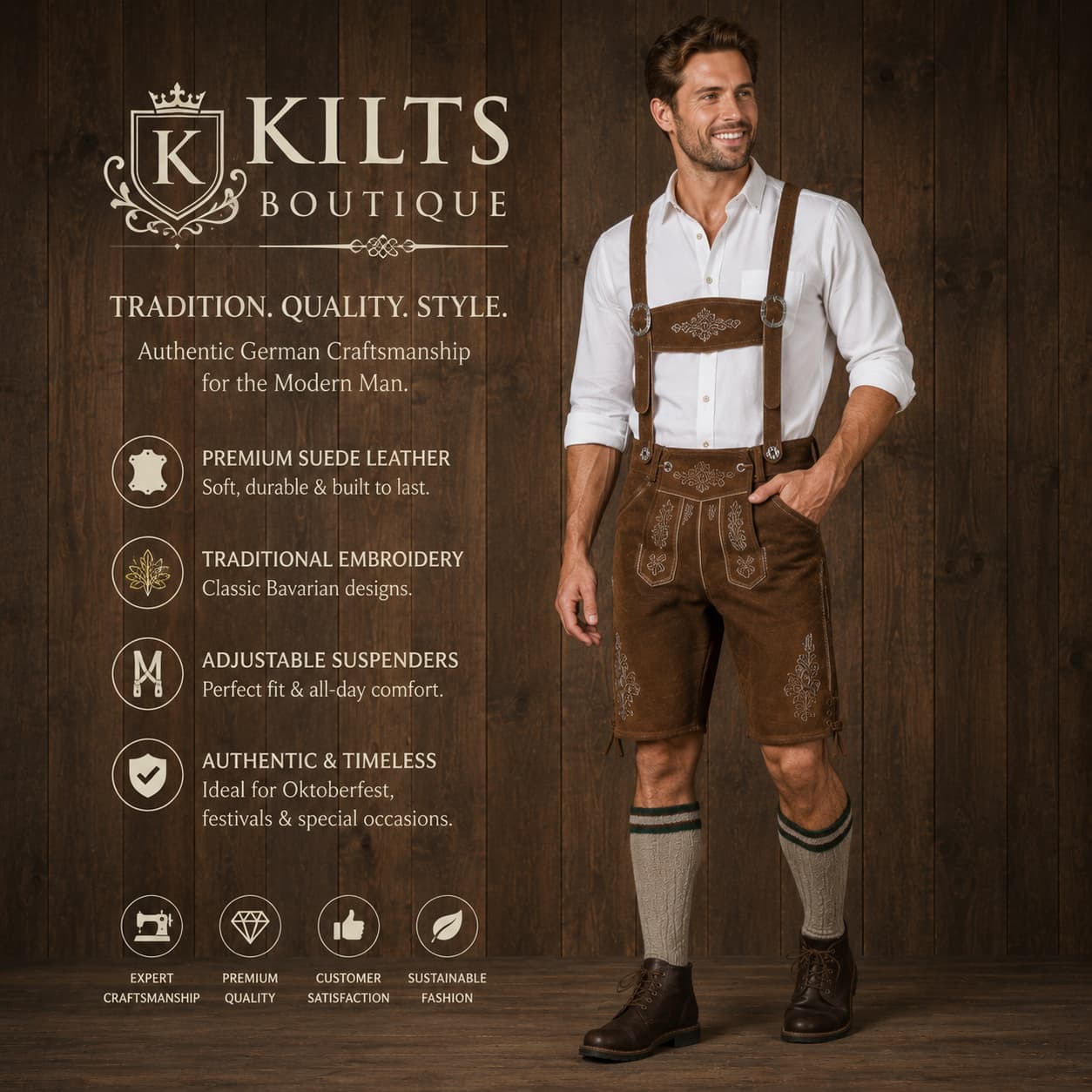Men’s Traditional Brown Suede Leather Lederhosen Shorts with Embroidered Suspenders, Bavarian Oktoberfest German Beer Festival Outfit