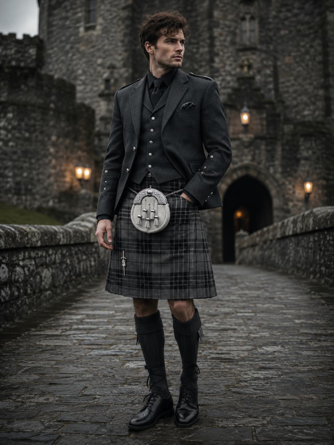 Grey Scottish Tartan Kilt Outfit for Men – Traditional Highland Kilt with White Rabbit Fur Sporran, Belt & Kilt Pin