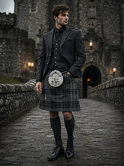 Grey Scottish Tartan Kilt Outfit for Men – Traditional Highland Kilt with White Rabbit Fur Sporran, Belt & Kilt Pin