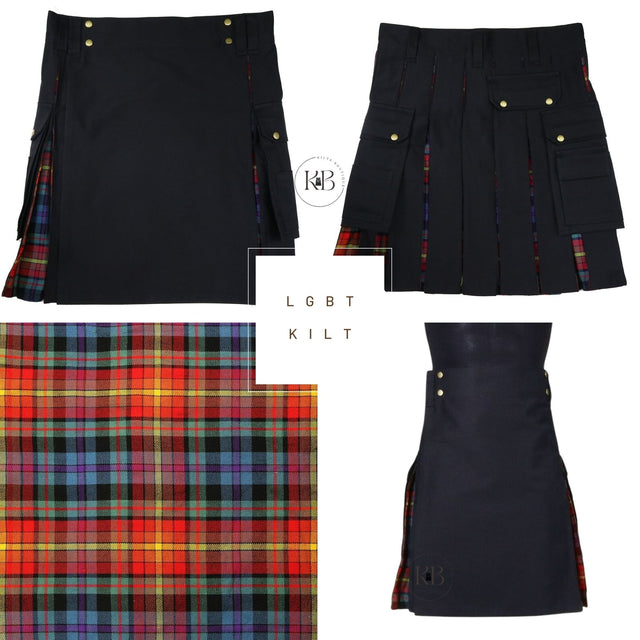 LGBT+ Pride Hybrid Black Canvas and Tartan Utility Kilt