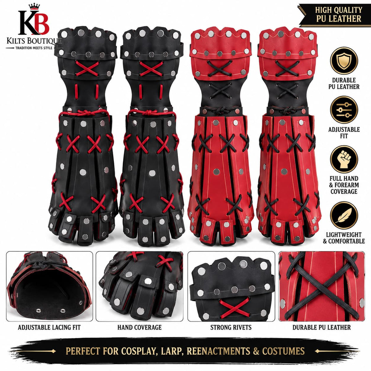 Medieval Samurai PU Leather Arm Bracers with Hand Guard | Viking Knight Gauntlets