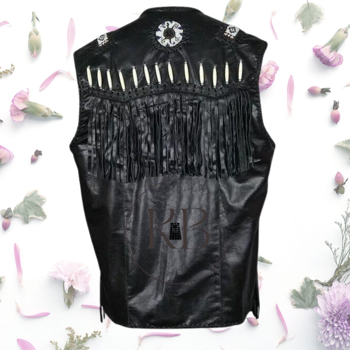 Men American Western Cowboy Vest Black Leather Fringe Beaded