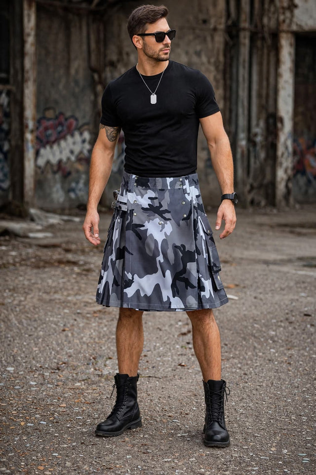 Men’s Urban Camouflage Tactical Utility Kilt – Army Style Cargo Kilt with Pockets