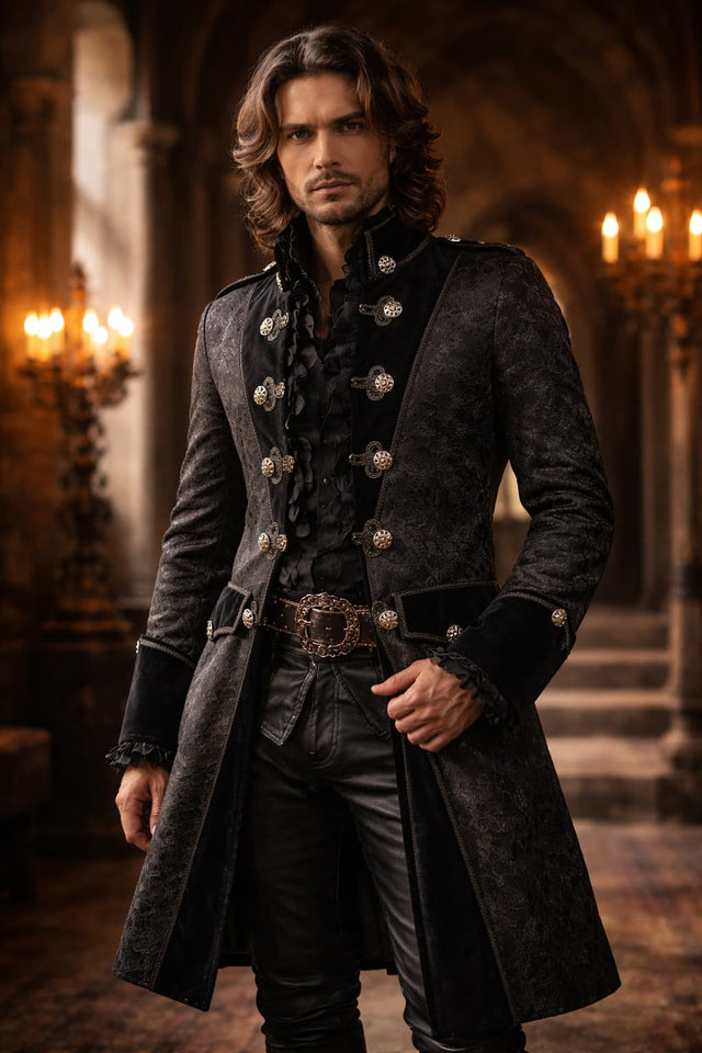 Men’s Black Gothic Victorian Coat – Brocade Tailcoat with Velvet Trim