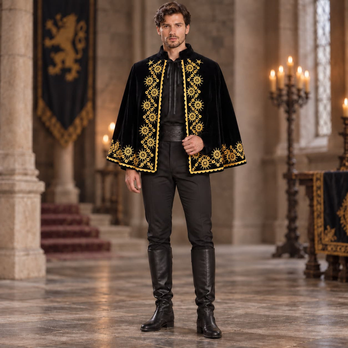 Men’s Medieval King Prince Black Velvet Cape Gold Print Halloween Costume
