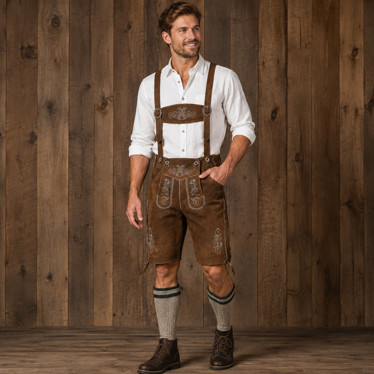 Men’s Traditional Brown Suede Leather Lederhosen Shorts with Embroidered Suspenders, Bavarian Oktoberfest German Beer Festival Outfit